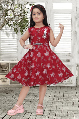 Funnyboo Girls Midi/Knee Length Casual Dress(Maroon, Sleeveless)