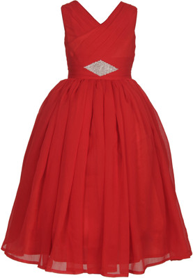 Shahina Fashion Girls Maxi/Full Length Party Dress(Red, Sleeveless)