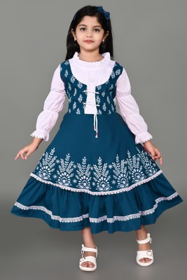 BodiBell Girls Calf Length Party Dress(Blue, Full Sleeve)