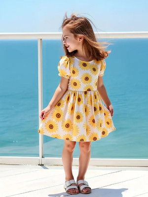 WHITEWORLD Girls Above Knee Casual Dress(Yellow, Short Sleeve)