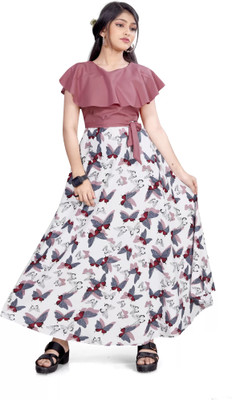 justmybrand Indi Girls Maxi/Full Length Casual Dress(Pink, Short Sleeve)