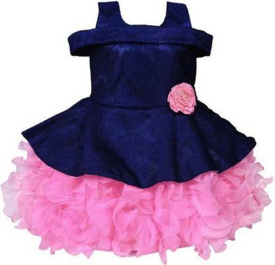 ARUNA CREATIONn Girls Midi/Knee Length Party Dress(Blue, Pink, Short Sleeve)