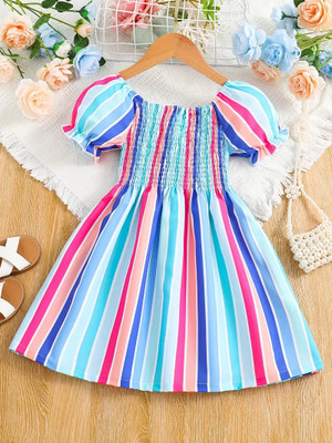 Hiral Creation Girls Midi/Knee Length Casual Dress(Blue, Short Sleeve)