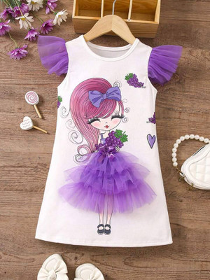 Dhanvi Dresses Girls Midi/Knee Length Party Dress(White, Purple, Cap Sleeve)