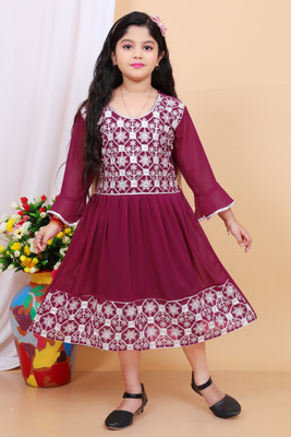 StarKidsFashion Girls Midi/Knee Length Festive/Wedding Dress(Maroon, Full Sleeve)