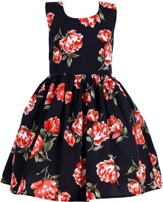 MINSA Girls Midi/Knee Length Casual Dress(Black, Sleeveless)