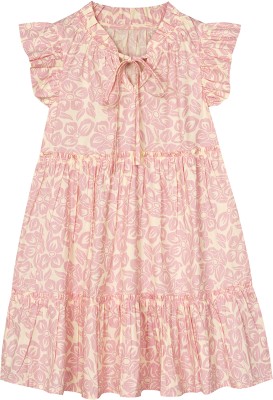 BUDDING BEES Girls Midi/Knee Length Casual Dress(Pink, Short Sleeve)