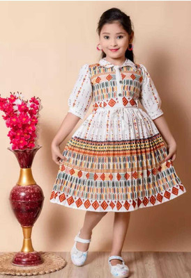 BADAenterprises Girls Below Knee Casual Dress(White, 3/4 Sleeve)