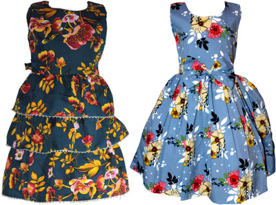 HEAVENS CREATIONS Girls Below Knee Casual Dress(Dark Blue, Sleeveless)