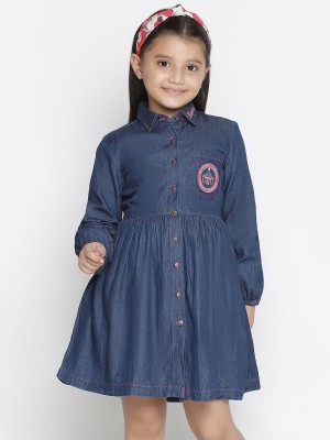 Spyby Girls Midi/Knee Length Casual Dress(Blue, Full Sleeve)