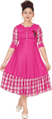 JUHI FASHIONS Girls Below Knee Casual Dress(Pink, Half Sleeve)