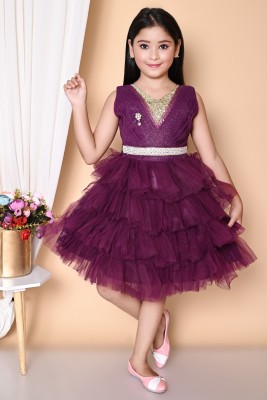 DSCRETION Indi Girls Below Knee Festive/Wedding Dress(Purple, Sleeveless)