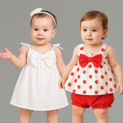 A M SWEET DRESSES Baby Girls Above Knee Casual Dress(White, Red, Sleeveless)