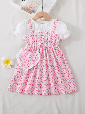 Gen Alfa Girls Midi/Knee Length Party Dress(Pink, Short Sleeve)