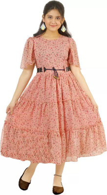 SRA FASHION Girls Maxi/Full Length Party Dress(Pink, Half Sleeve)