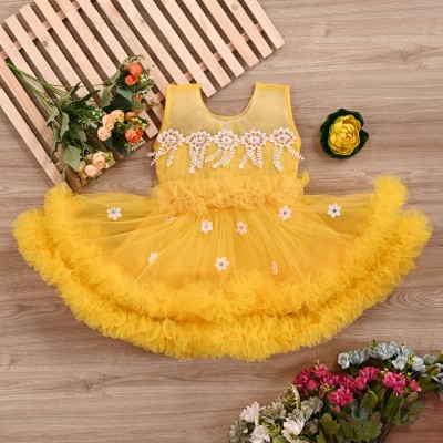 BOKUL DRESSES Girls Midi/Knee Length Festive/Wedding Dress(Yellow, Sleeveless)