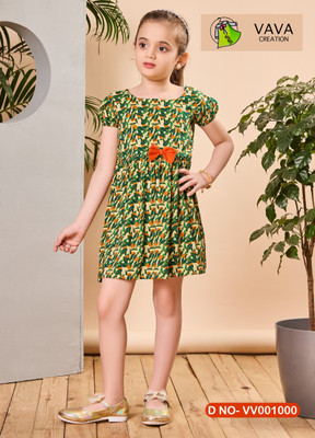 VAVA Creation Girls Midi/Knee Length Casual Dress(Green, Short Sleeve)
