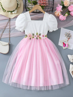 Miss & Chief Girls Midi/Knee Length Party Dress(Pink, Half Sleeve)