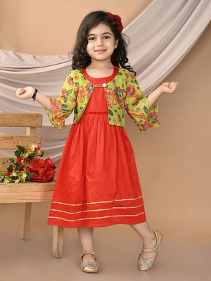 Sangria Girls Midi/Knee Length Festive/Wedding Dress(Red, 3/4 Sleeve)