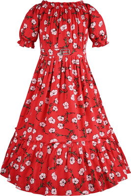 Wishkaro Girls Midi/Knee Length Party Dress(Red, Short Sleeve)