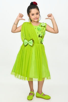 WILD EMPIRE Girls Midi/Knee Length Casual Dress(Green, Sleeveless)