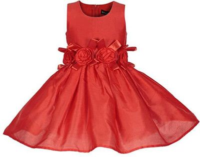 Shahina Fashion Girls Midi/Knee Length Party Dress(Red, Sleeveless)