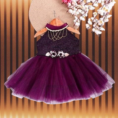 Hipposippo Girls Below Knee Festive/Wedding Dress(Purple, Sleeveless)