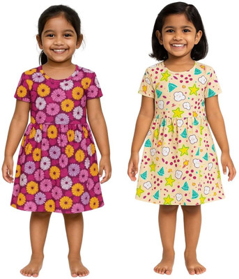 Veecap Girls Midi/Knee Length Casual Dress(Maroon, Short Sleeve)