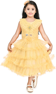 IKONIC FASHION Girls Below Knee Party Dress(Yellow, Sleeveless)