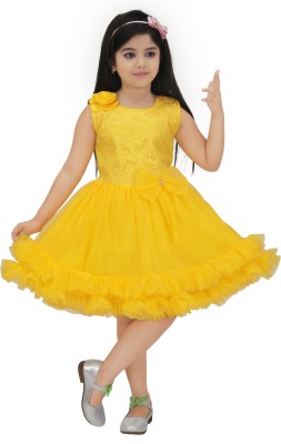 N FASHION AFIYA Girls Calf Length Festive/Wedding Dress(Yellow, Sleeveless)