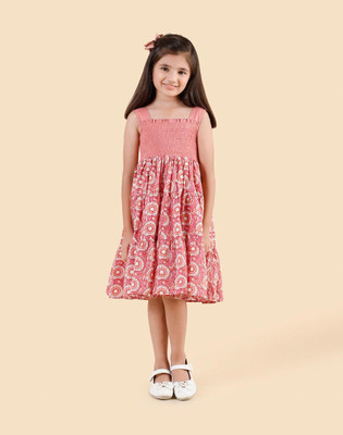 Fabindia Indi Girls Midi/Knee Length Casual Dress(Pink, Sleeveless)