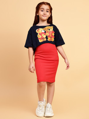 Lazy Shark Girls Midi/Knee Length Casual Dress(Multicolor, Half Sleeve)