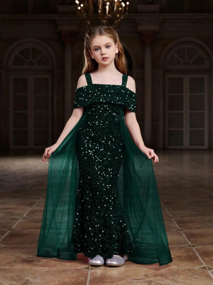 Charvi Girls Maxi/Full Length Party Dress(Green, Sleeveless)