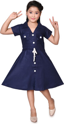 HALDER AND SONS Girls Midi/Knee Length Party Dress(Dark Blue, Short Sleeve)