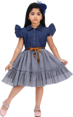 Lilions Girls Midi/Knee Length Party Dress(Blue, Half Sleeve)