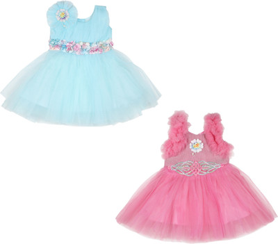 Chiclift Indi Baby Girls Midi/Knee Length Festive/Wedding Dress(Blue, Pink, Sleeveless)