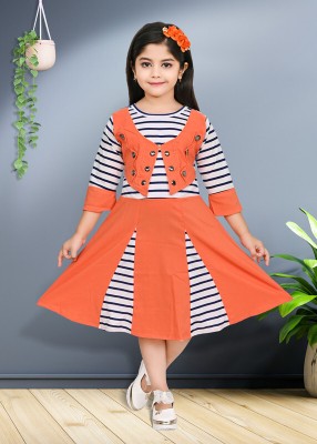 Star Case Girls Below Knee Casual Dress(Orange, 3/4 Sleeve)