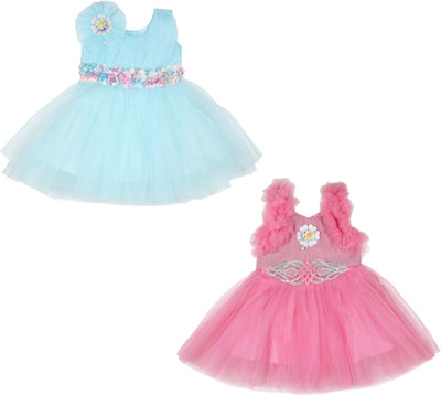 Chiclift Indi Baby Girls Midi/Knee Length Festive/Wedding Dress(Blue, Pink, Sleeveless)