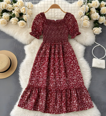 Deklook Girls Midi/Knee Length Party Dress(Maroon, Short Sleeve)