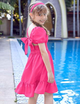 Alisha Moda Girls Midi/Knee Length Casual Dress(Pink, Short Sleeve)