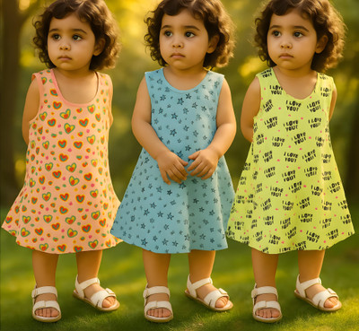 Clothe Funn Girls Midi/Knee Length Casual Dress(Multicolor, Sleeveless)