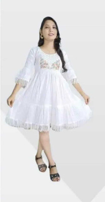 ayanfashion Girls Midi/Knee Length Festive/Wedding Dress(White, 3/4 Sleeve)