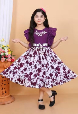 jj dresses Girls Below Knee Festive/Wedding Dress(Purple, White, Fashion Sleeve)