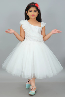 PN fashion Girls Below Knee Festive/Wedding Dress(White, Sleeveless)