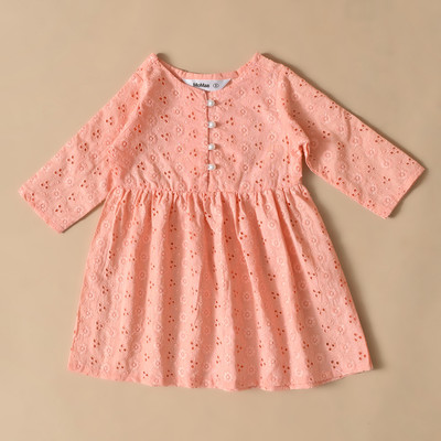 MoMaa Baby Girls Above Knee Casual Dress(Orange, 3/4 Sleeve)