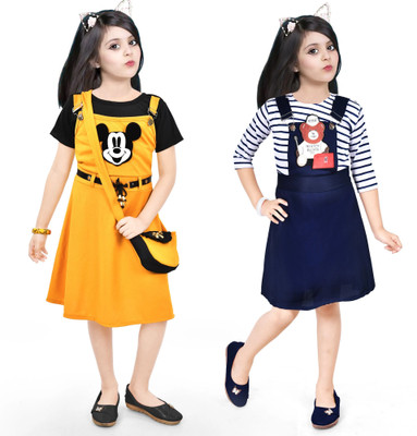 NAIVETY Girls Midi/Knee Length Casual Dress(Yellow, Short Sleeve)
