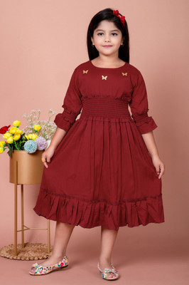 Coco Fashion Girls Midi/Knee Length Casual Dress(Red, 3/4 Sleeve)
