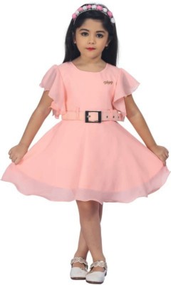 AMFASHION Indi Girls Midi/Knee Length Casual Dress(Pink, Fashion Sleeve)