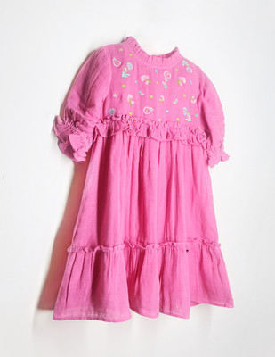 Cherry Crumble by Nitt Hyman Girls Midi/Knee Length Casual Dress(Pink, Half Sleeve)