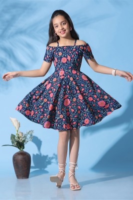 Fashion Dream Girls Midi/Knee Length Casual Dress(Dark Blue, Short Sleeve)